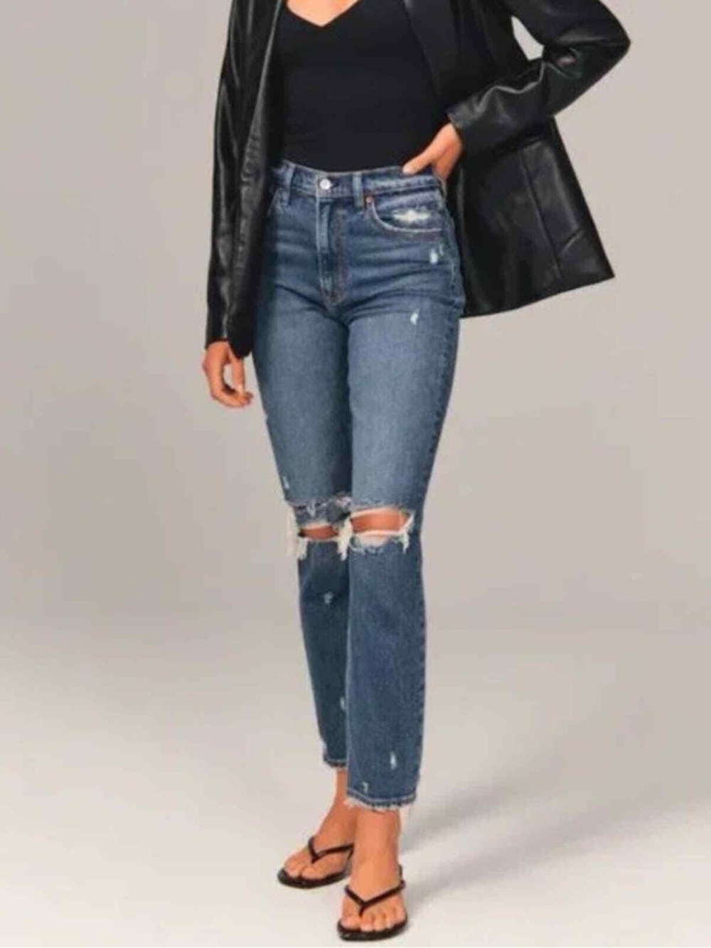 Abercrombie & Fitch Medium Blue Distressed The Mom High Rise Straight-Leg Jeans